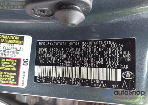 2015 Toyota Corolla Le from USA, damaged, VIN 2T1BURHE2FC282576